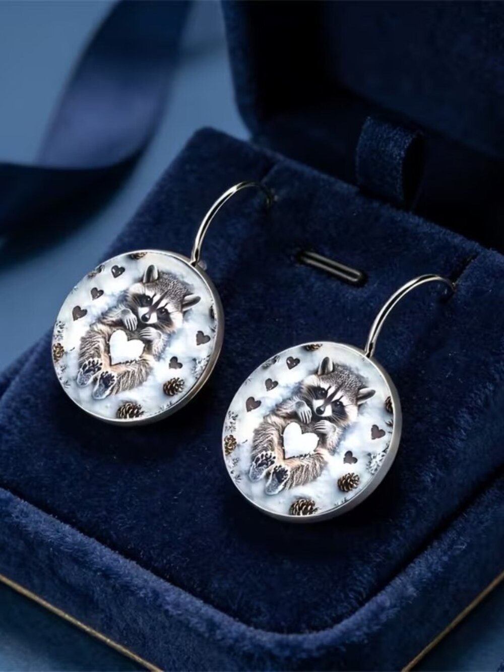 Round Silver RACCOON Dangle Earrings - Picture 4 of 5